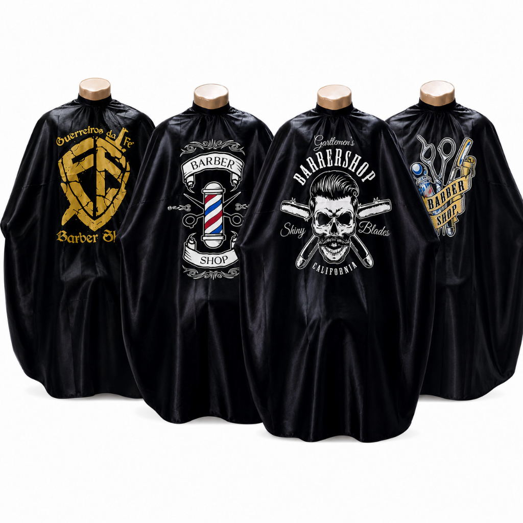 Kit 4 Capas de Cetim para Barbeiro Profissional 145x120cm Fecho em Zíper Gola de Poliéster Estampadas ou Lisas