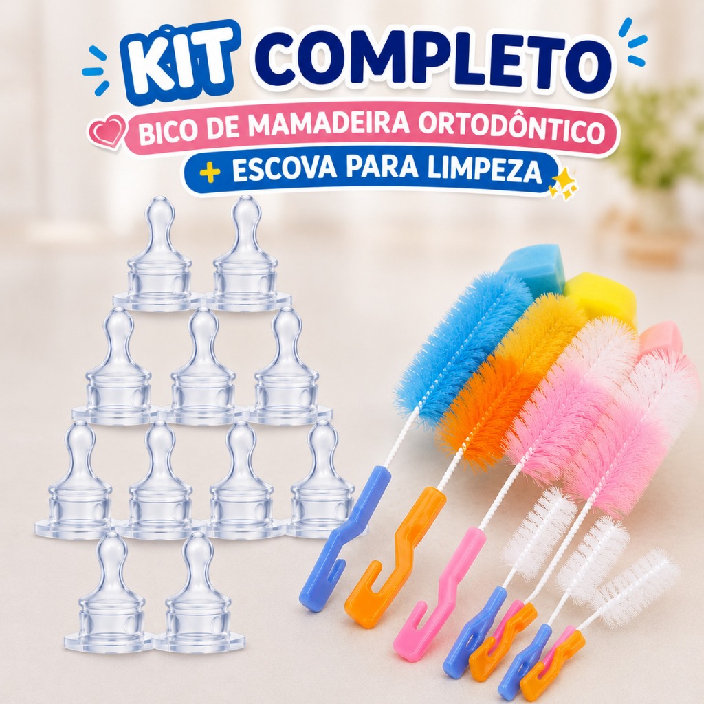 Kit Bico de Mamadeira Ortodôntico 100% Silicone Tetê + escova para limpeza