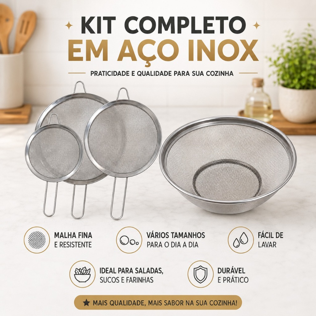 Peneiras P M G + Cesta Escorredor de Salada 25cm Aço Inox para Frutas Legumes Massas Alimentos- Kit com 4 itens