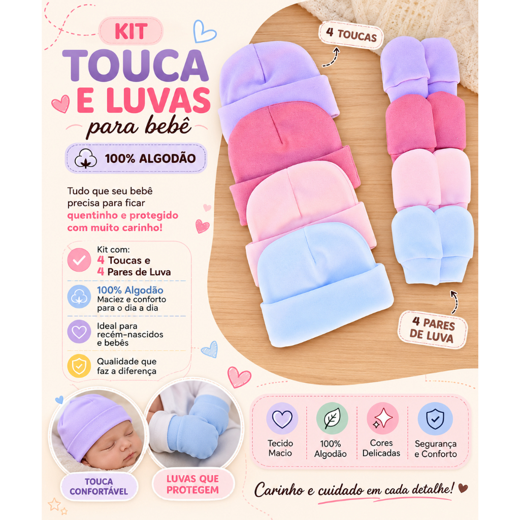 Kit 4 Touca e 4 Luva Para Bebê Recém Nascido 100% Algodão Antialérgico Maternidade Enxoval Gestante