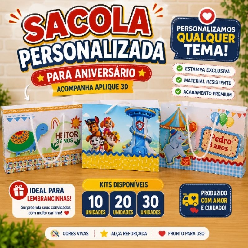 Sacolinha Personalizada para Aniversário com Aplique 3D | Lembrancinha Personalizada | Qualquer Tema/ Menino