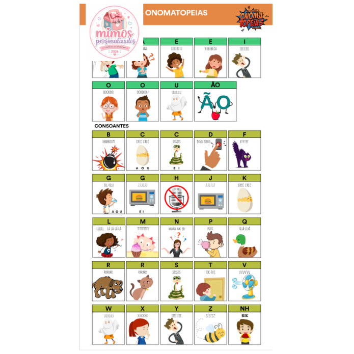Alfabeto das Onomatopeias A4 Plastificado | Material Pedagógico | Educação Infantil | Alfabetização