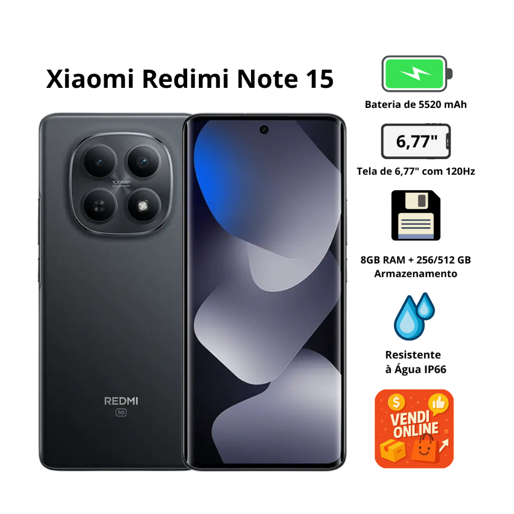 Smartphone Xiaomi Redmi Note 15 5G 256 8GB RAM AMOLED 120Hz Câmera 108MP Resistê