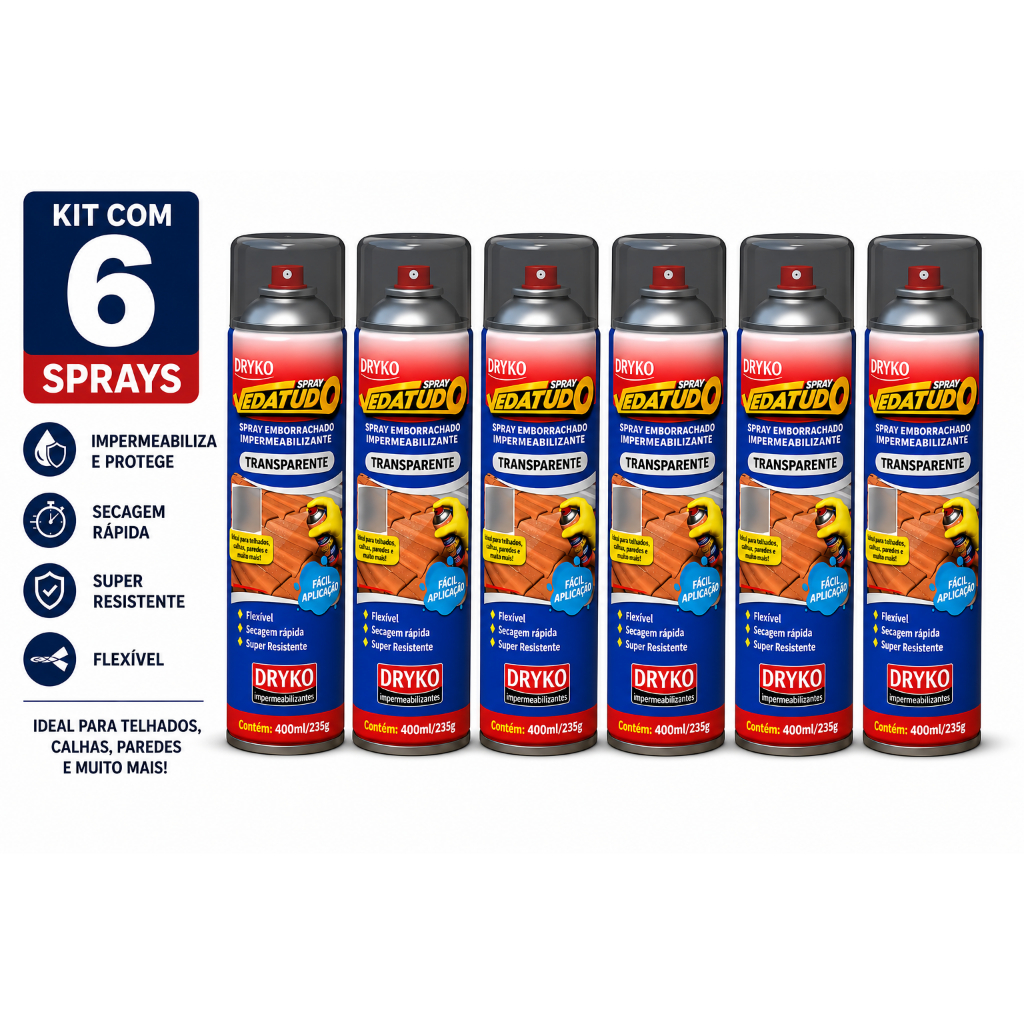 Kit 6 Spray Emborrachado Dryko Vedatudo Transparente 400ml Impermeabilizante Veda Goteiras Proteção Contra Umidade