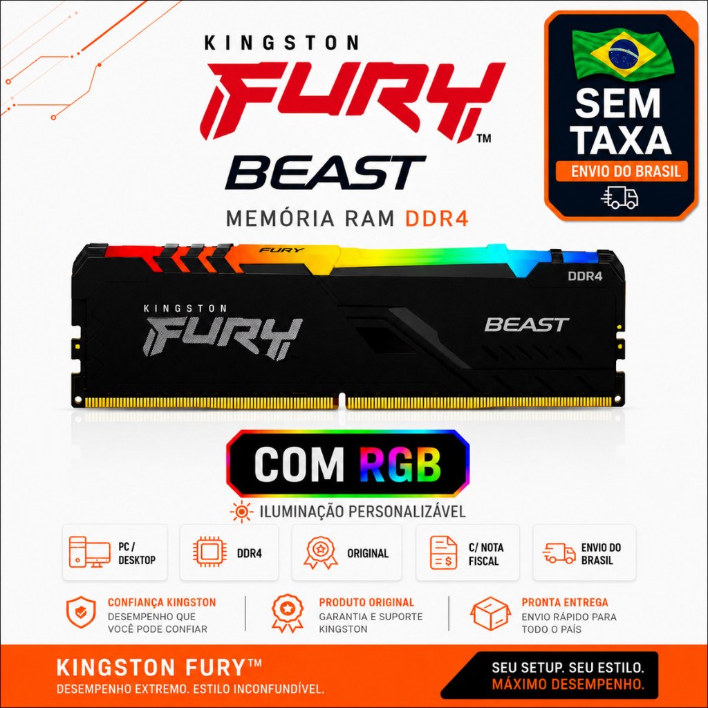 Memória RAM Kingston Fury Beast 8GB RGB DDR4 3200MHz PC Gamer Desktop — C/ NOTA FISCAL ORIGINAL