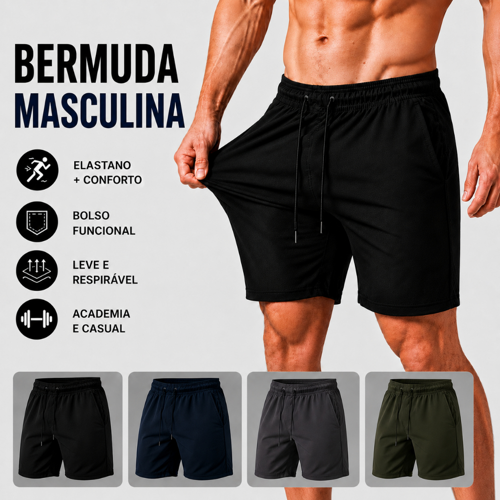 Shorts Bermuda Tactel com Elastano Academia Treino Praia Mauricinho Corrida