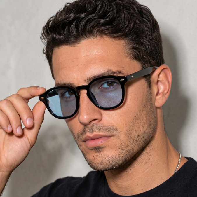Óculos de Sol Rendondo Premium Preto e Azul Blogueira Tendencia Moda Praia uv400 Masculino Feminino