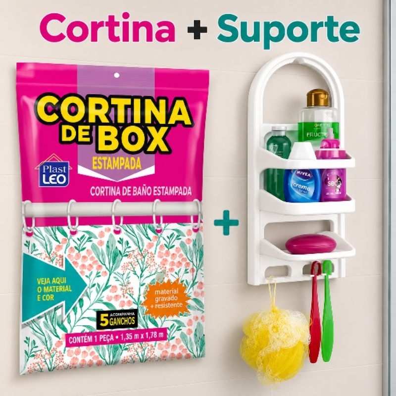 Porta Shampoo + Cortina de Box Estampada Suporte Organizador Banheiro Plástico Kit 2 Peças