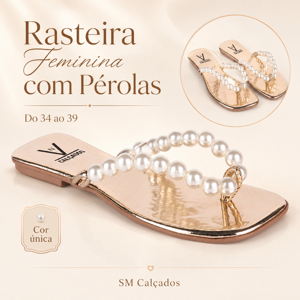 Rasteira Feminina Dourada com Pérolas Elegante Confortável 34 ao 39