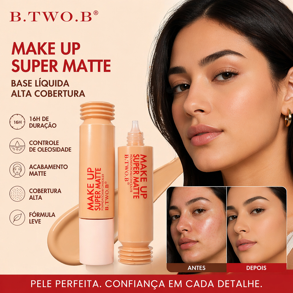 B.TWO.B Base e Corretivo Líquido Acabamento Matte Sem Craquelar Cobertura Uniforme para Imperfeições e Pele Oleosa