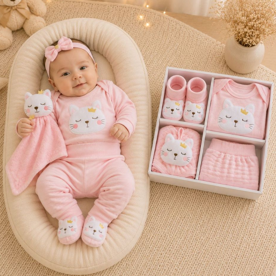Presente Bebê Menina 4 Peças Manga Longa Algodão Naninha Meia 3D Enxoval Recém Nascido Presente