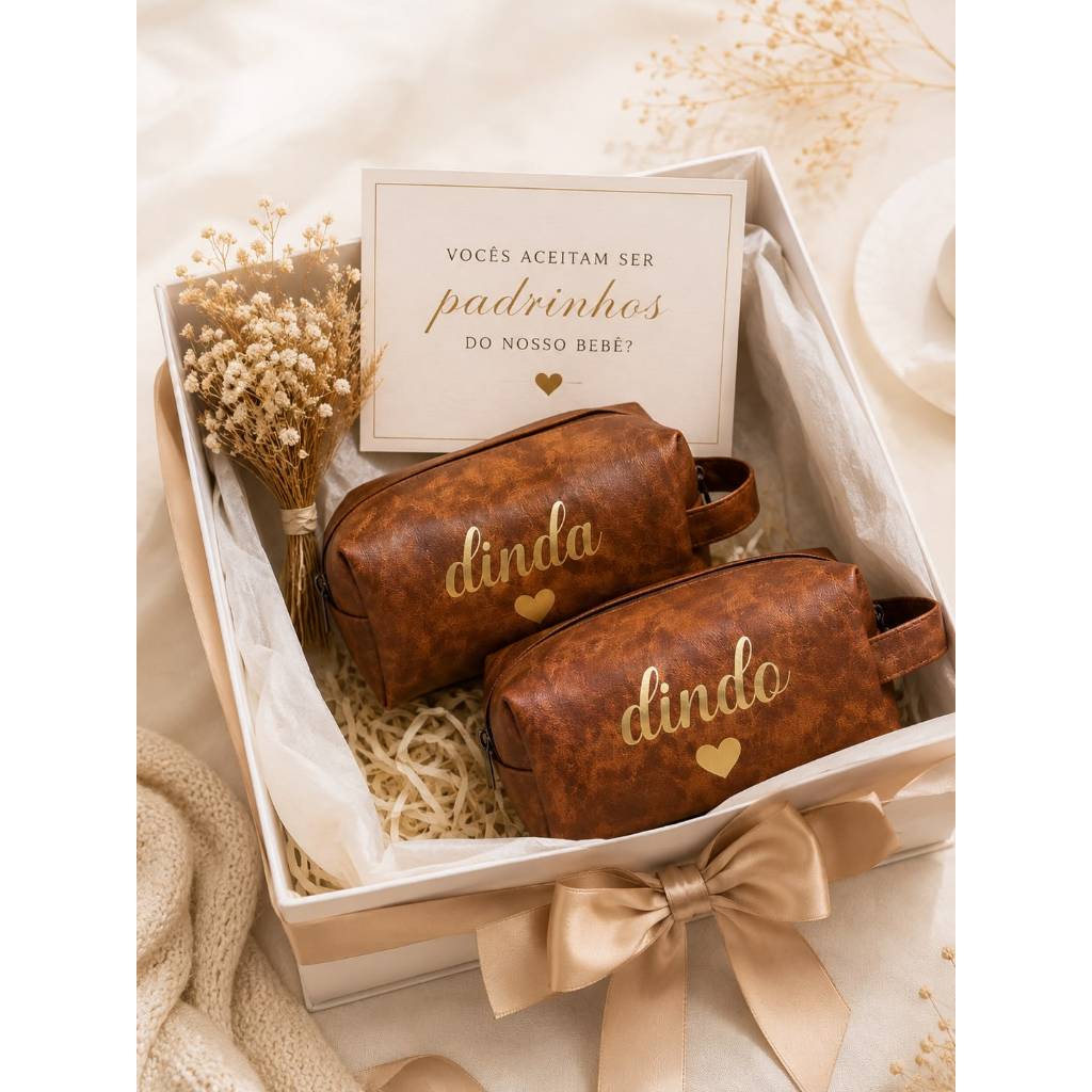 Convite para Padrinhos / 2 Necessaires - Dinda e Dindo Dourado / Presente para Chá de Bebê