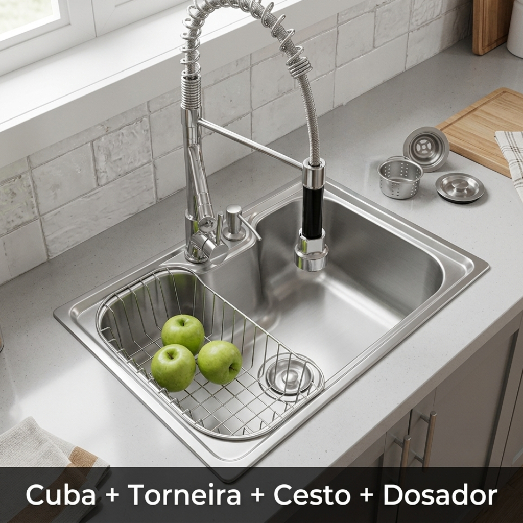 Cuba Gourmet Com Torneira Flexível Cozinha Aço Inox 60x42cm Monocomando