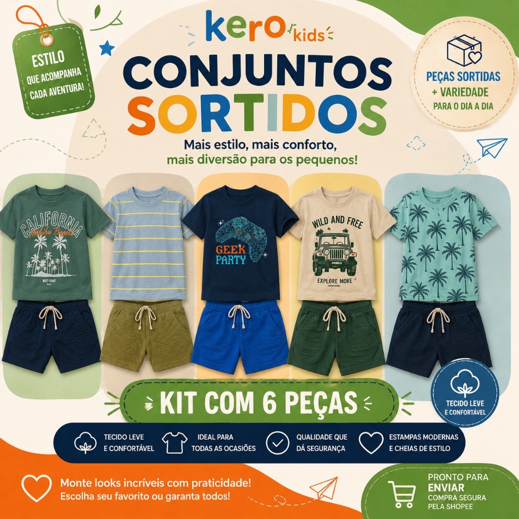 Kit Sortido 6 Peças Roupa Infantil Menino Camisa e Short Conjunto infantil Menino Verão Masculino 2 ao 14 Anos Kero Kids