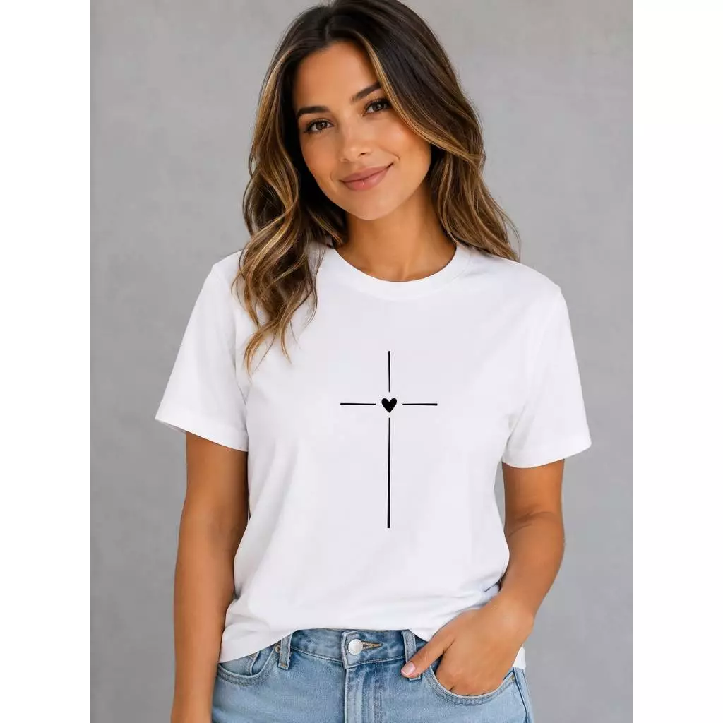 Blusa T-shirt Cruz Coração Confortável 100% Algodão — imagem 1
