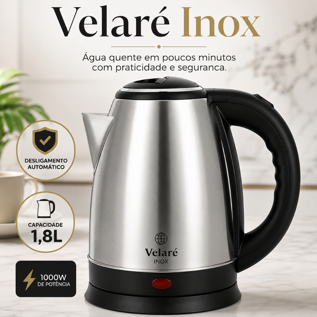 Chaleira Elétrica Inox 1,8L 1000W 127V Desligamento Automático Alta Capacidade Velaré Inox