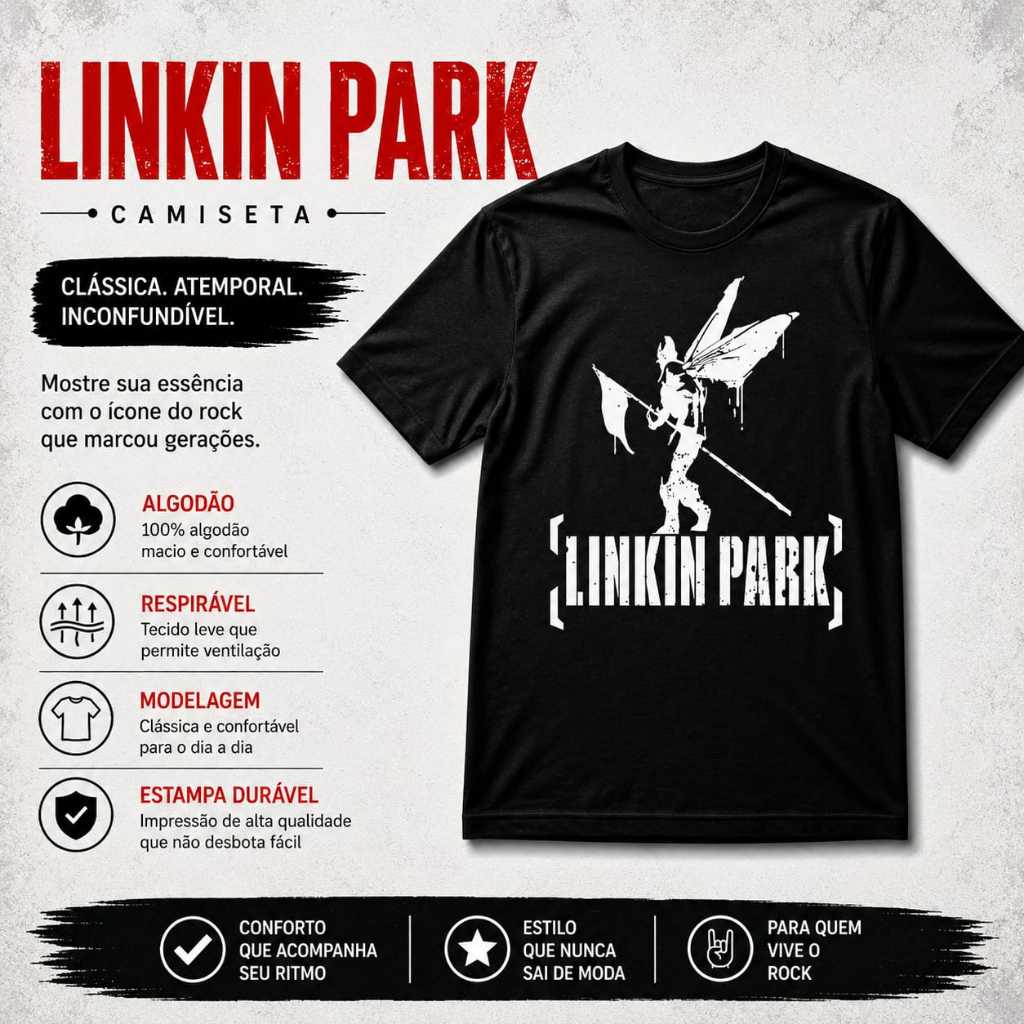 Camiseta Linkin Park Banda Rock Metal Preta 100% Algodão Premium Camisa Oversized Unissex Tour Show