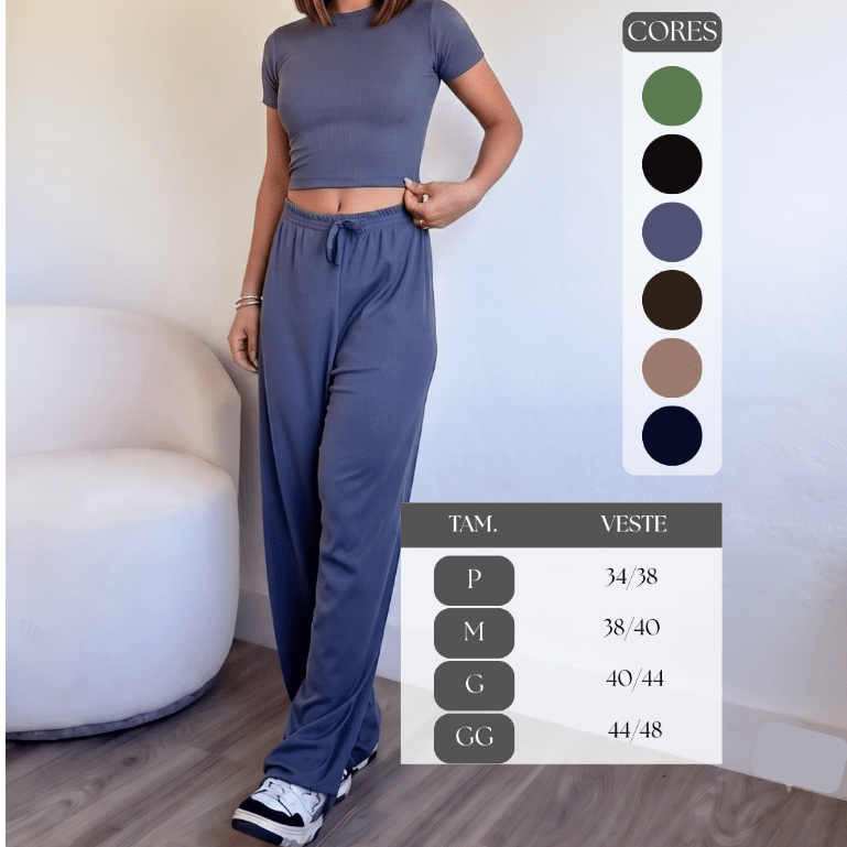 Conjunto Feminino Elegante Calça Pantalona + Blusa Cropped Malha Canelada Confortavel dia a dia