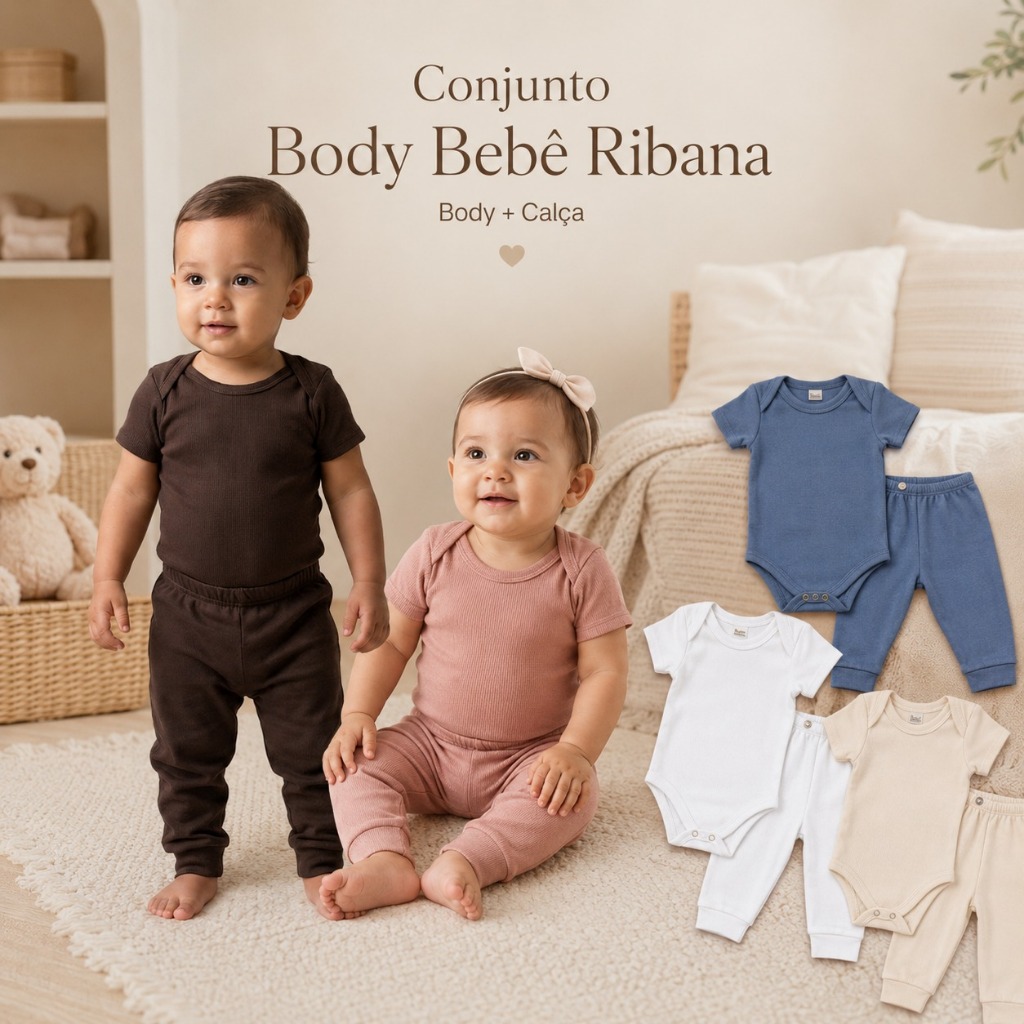 Conjunto Body Bebê Ribana Manga Curta com Calça Infantil Confortável Unissex 1 ao G