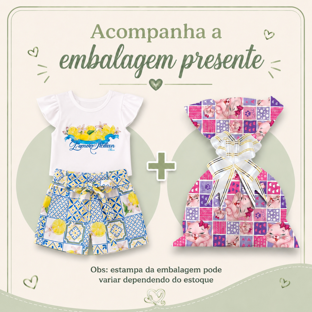 Conjunto Infantil Menina Limão Blusa Canelada Com Babado Shorts Estampado 2 a 8 Anos Presente Dia Das Crianças