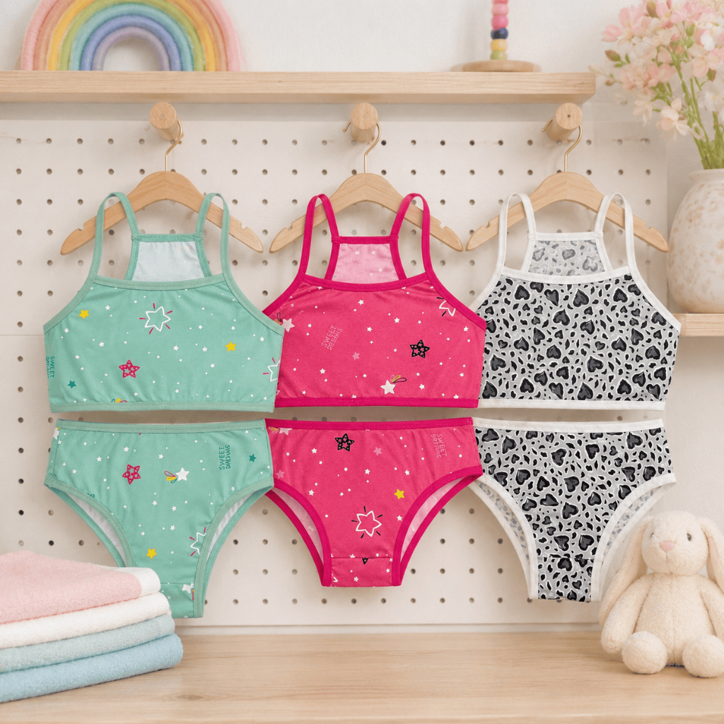 Kit 3 Conjuntos Infantil Menina Moça Moda Intima Suede Estampado Top Calcinha Confortavel Verão
