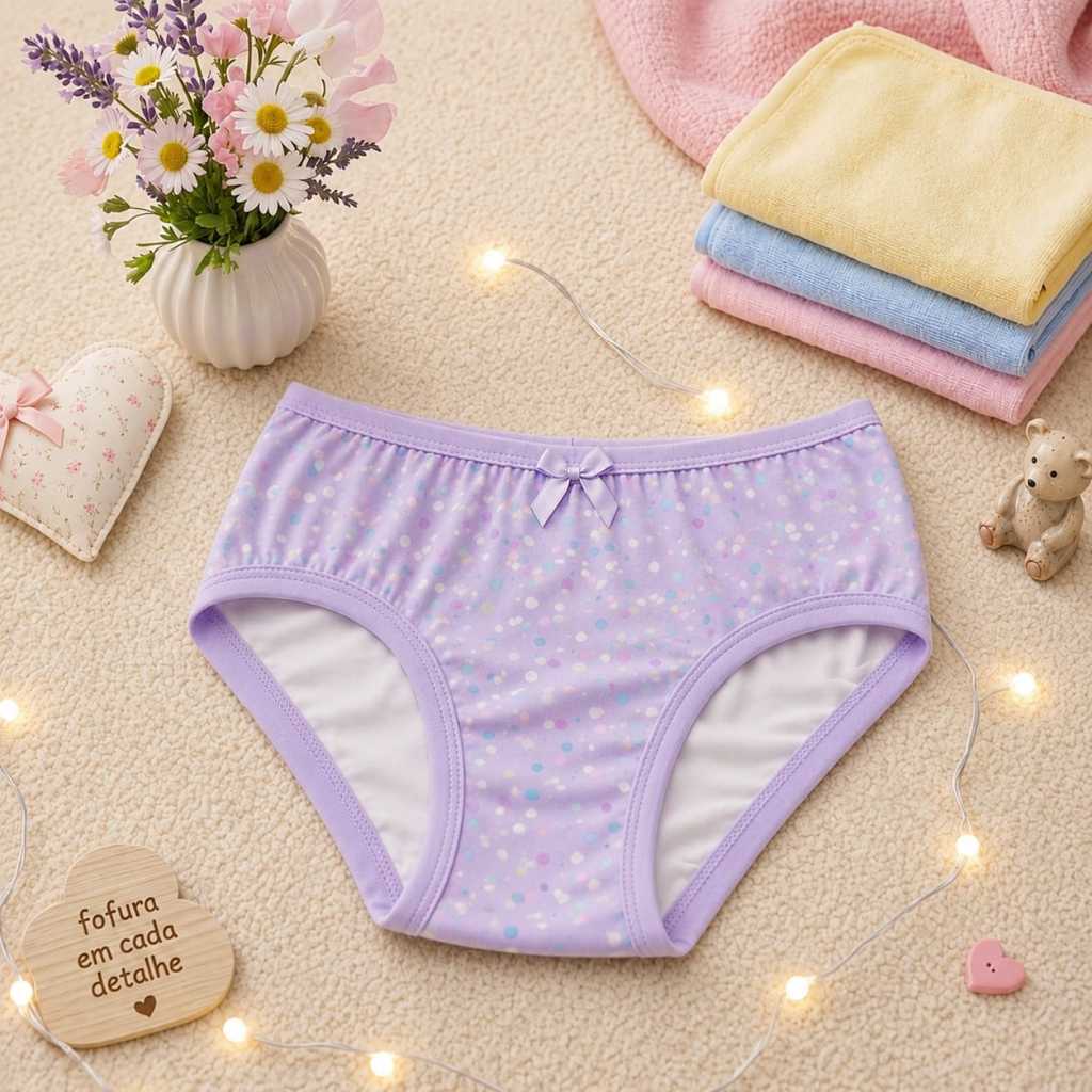Calcinha Infantil Kit Com 5 Peças Cós Elástico 100% Algodão Moda Feminina Confortável