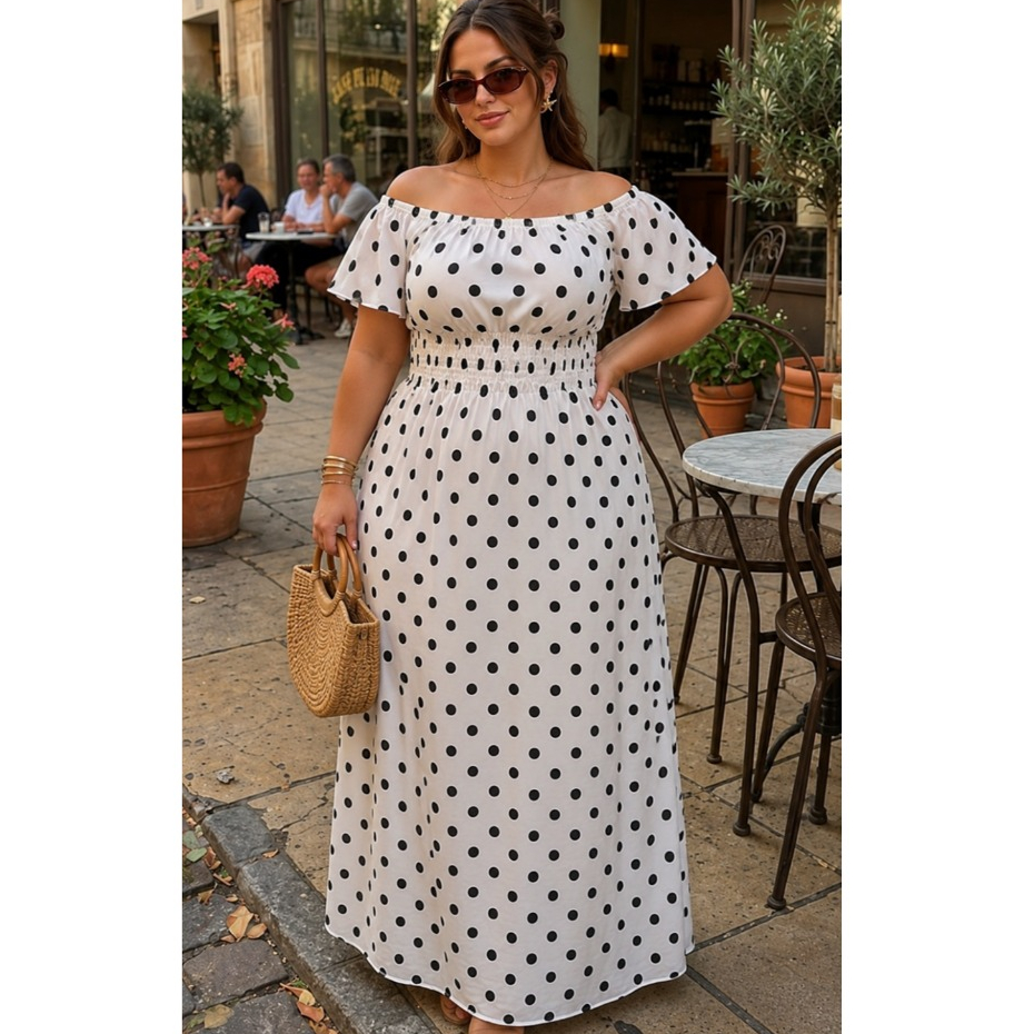 Vestido Longo Poá Feminino Plus Size Ombro a Ombro Ciganinha Lastex Manga Curta Moda Verão Elegante