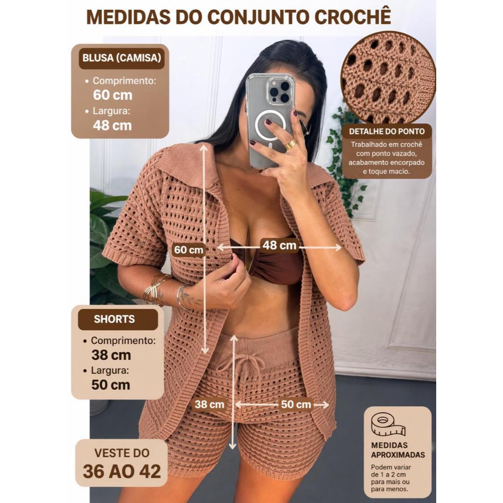 Conjunto Saida de Praia Shorts e Kimono Tricô Vazado Estilo Elegante Tendência Verão