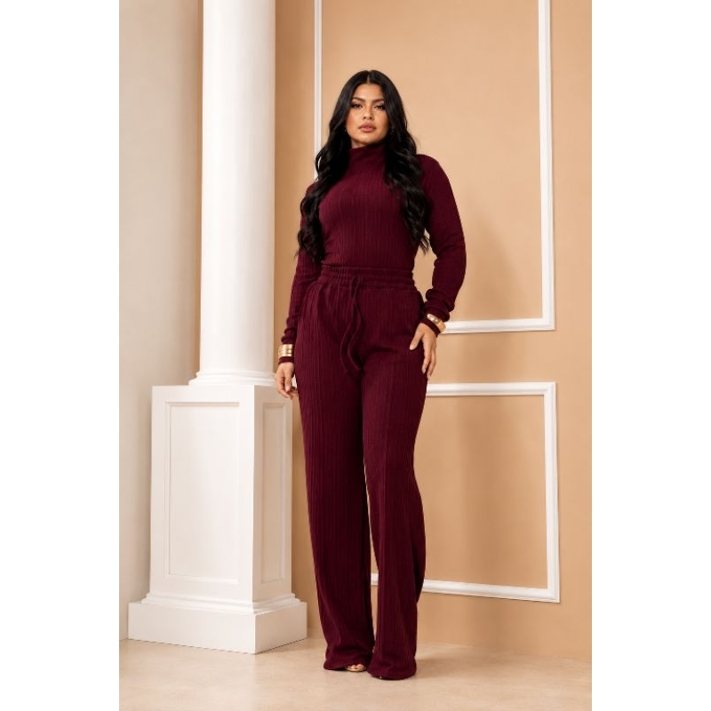 Conjunto Feminino Canelado Inverno | Gola Alta + Calça Cintura Alta | Look Elegante e Confortável