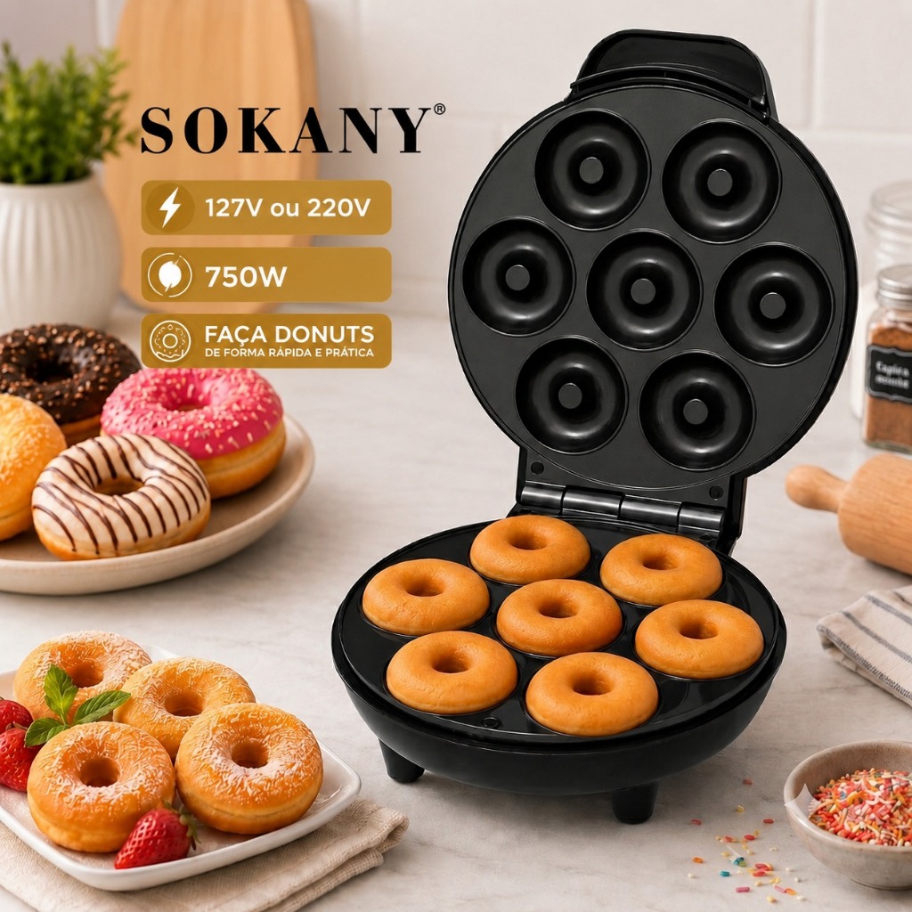 Máquina De Donuts 220v ou 127v 7 Cavidades Diâmetro 5,2cm Profundidade 1,3cm - Portátil Casa Cozinha