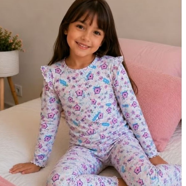 Pijama Infantil Feminino Longo Estampado Floral com Babado – Conjunto Confortável em Malha Premium