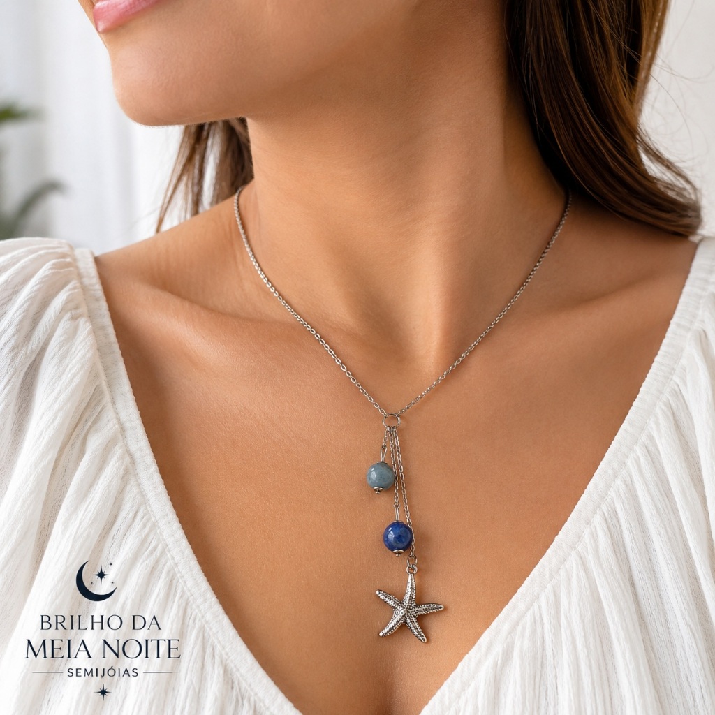 Colar Feminino Pedra Natural Quartzo Azul Pingente Estrela do Mar Aço Inox Antialérgico 45cm.