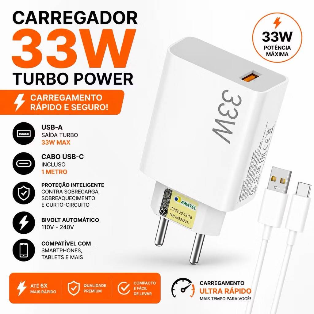 Carregador Lehmox 33w Compatível Xiaomi/Motorola/ Samsung/ Turbo Power Original 