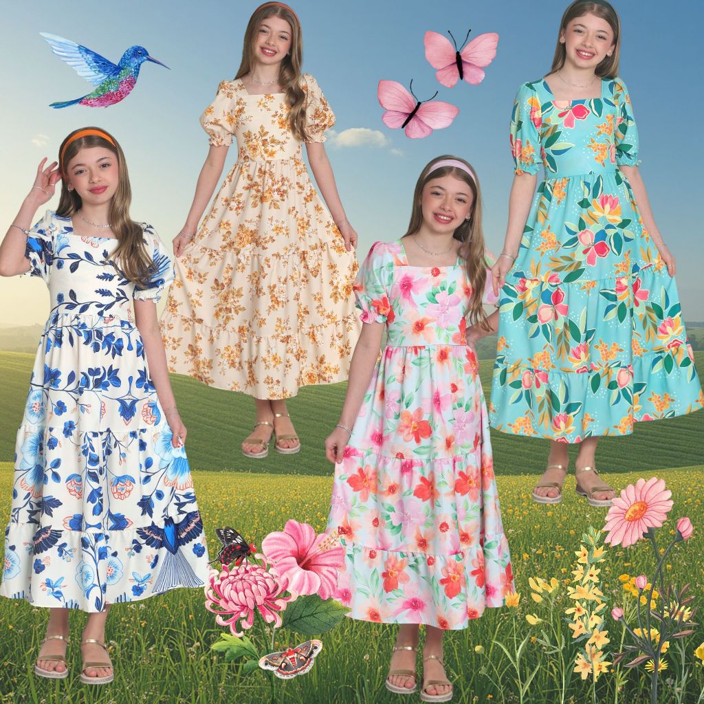 vestido longo 3 marias estampado de manga princesa infantil juvenil meninas
