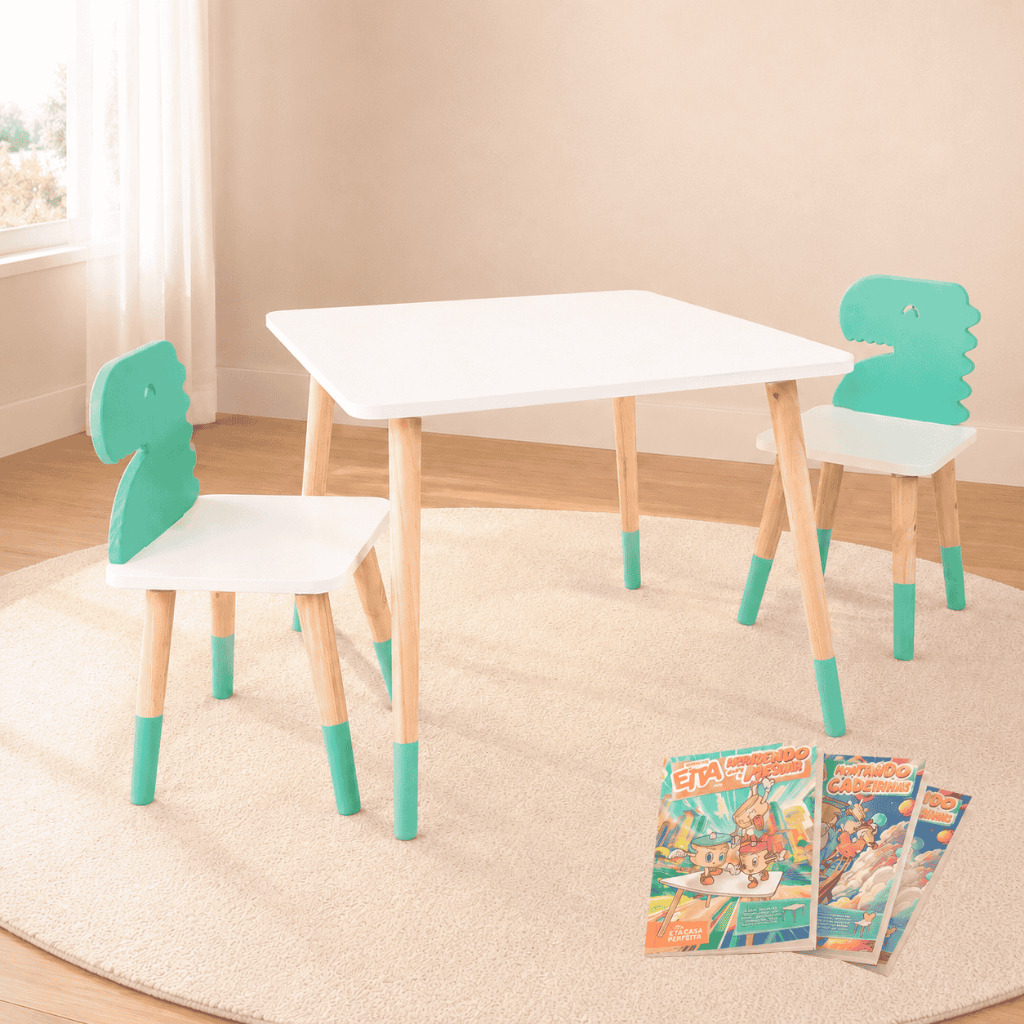 Mesa 2 Cadeiras Infantil Dinossauro Madeira Autonomia Mobiliário Quarto Brinquedo Kit Livro