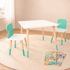 Mesa 2 Cadeiras Infantil Dinossauro Madeira Autonomia Mobiliário Quarto Brinquedo Kit Livro
