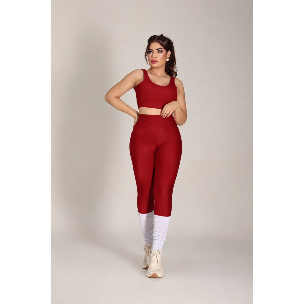 Conjunto Fitness Calça Leg Cintura Alta e Top Frente Dupla Feminino Ótima Compressão