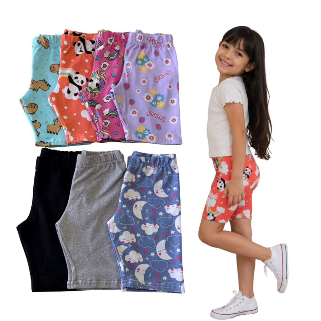 Kit 5 Short Bermuda Infantil Cotton Ciclista Menina Estampado Algodão