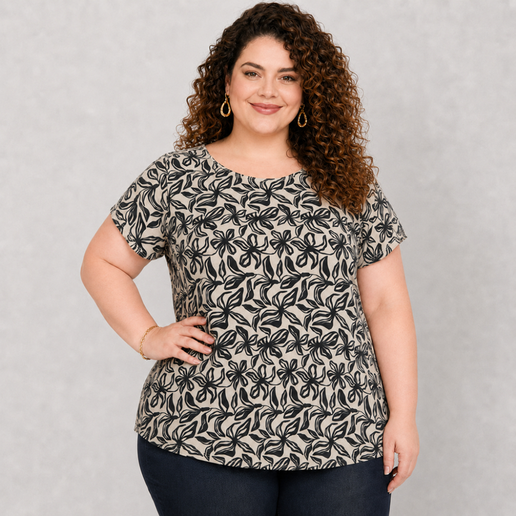 Blusa com Manga Plus Size Estampadas em Liganete T-Shirt Blusinha em Liganete Estampas Diversas