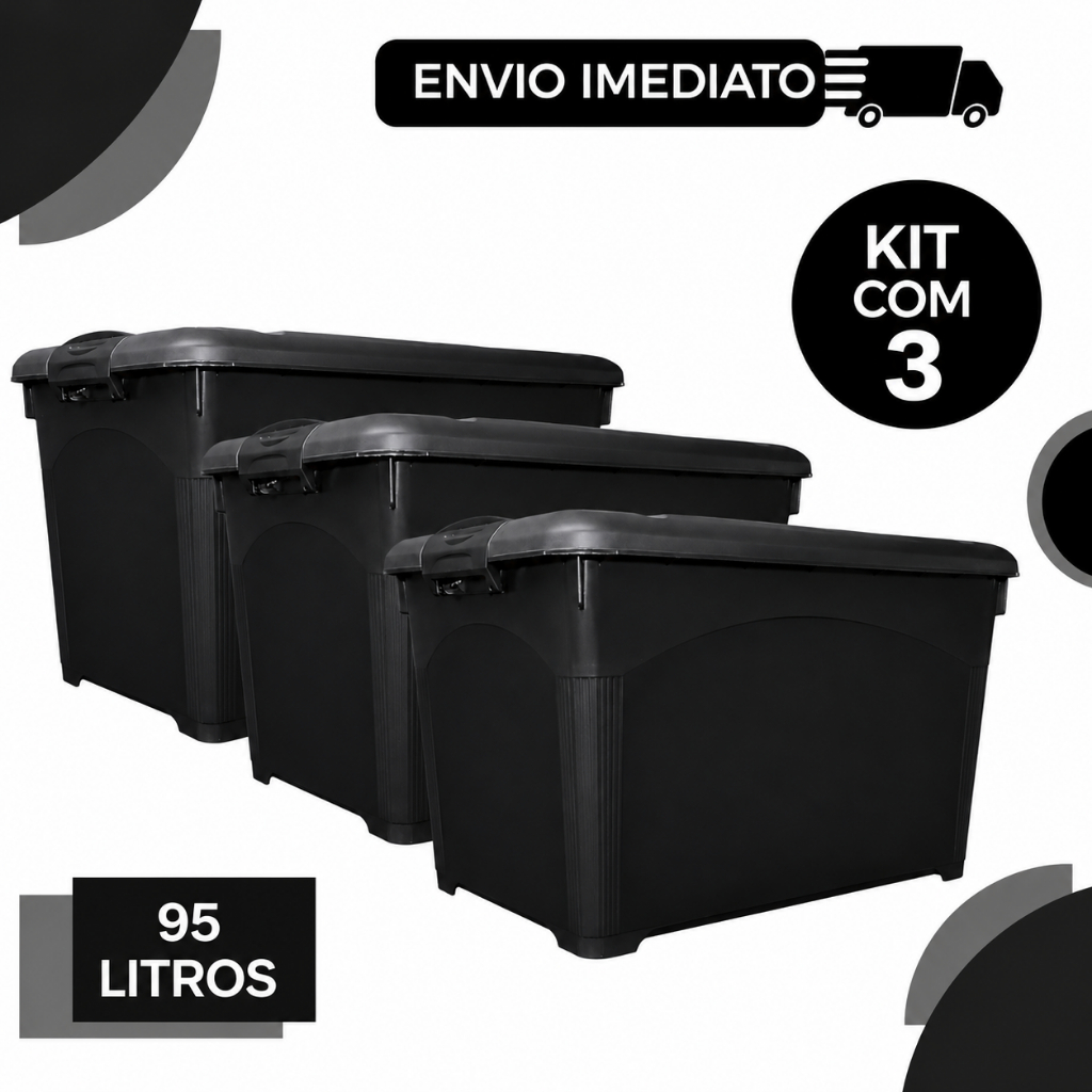 Kit 3 Caixas Organizadoras 95 Litros com Rodinhas Tampa com Trava Reforçada