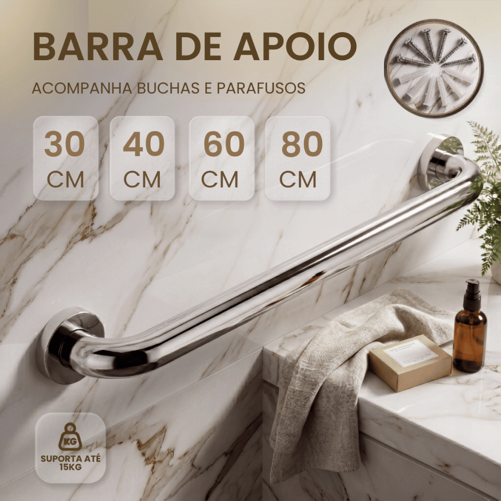 Barra Apoio 40 60 80cm Antiqueda Inox Banheiro Escada Corrimão Acessibilidade Suporte Idoso Alça PCD