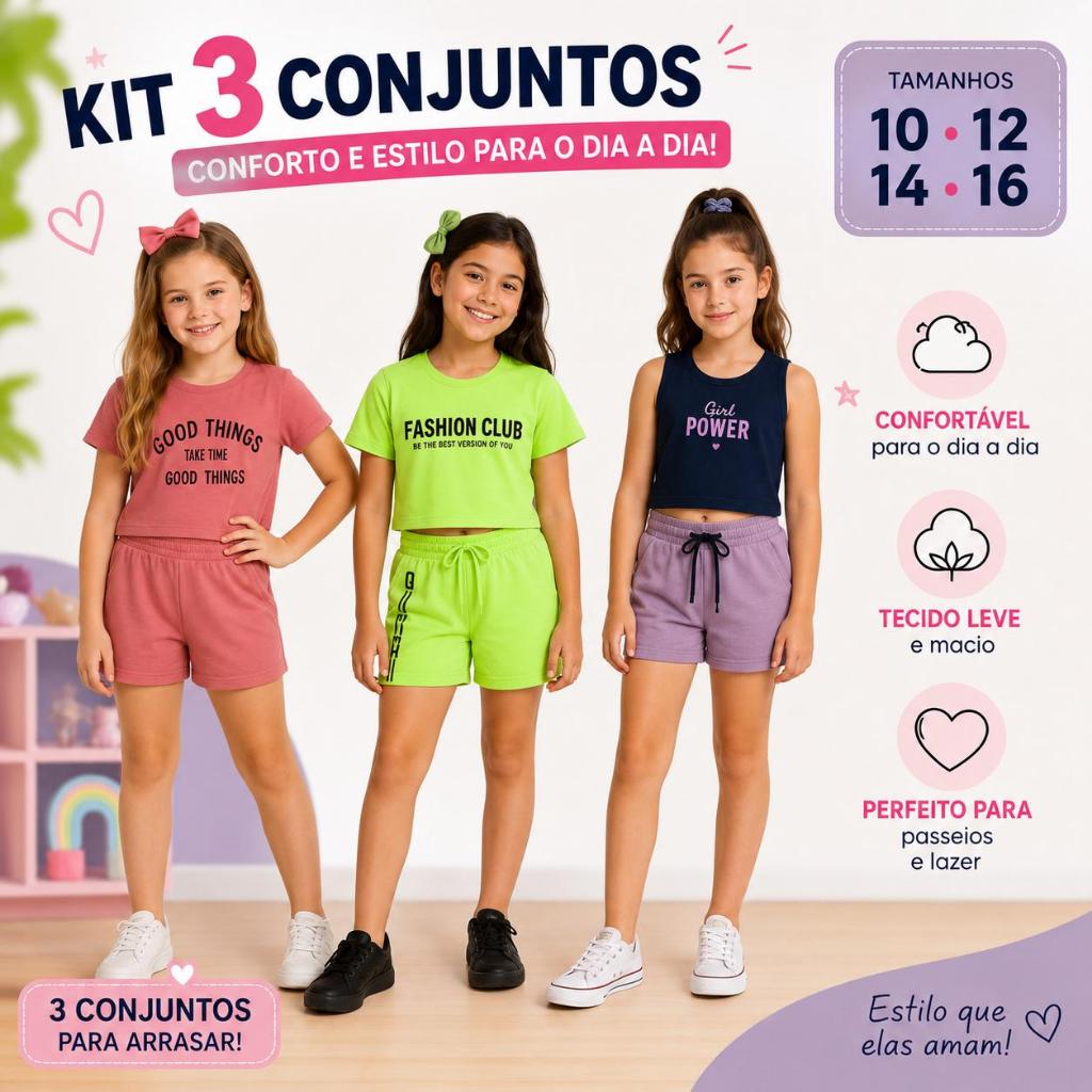 Kit 3 Conjuntos Blusa Shorts Verao Menina Juvenil Estampados Sortidos 100% Algodão Tamanhos 10 ao 16