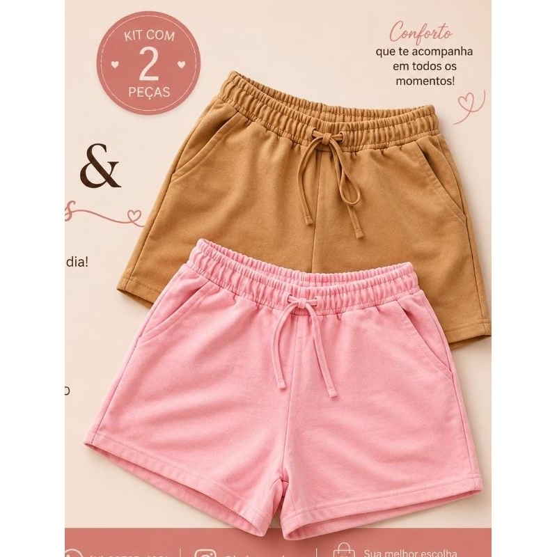 KIT 2 SHORTS Moletinho feminina confortável especial pra usar no seu dia há dia com bolso e Cintura Com Elâsticos