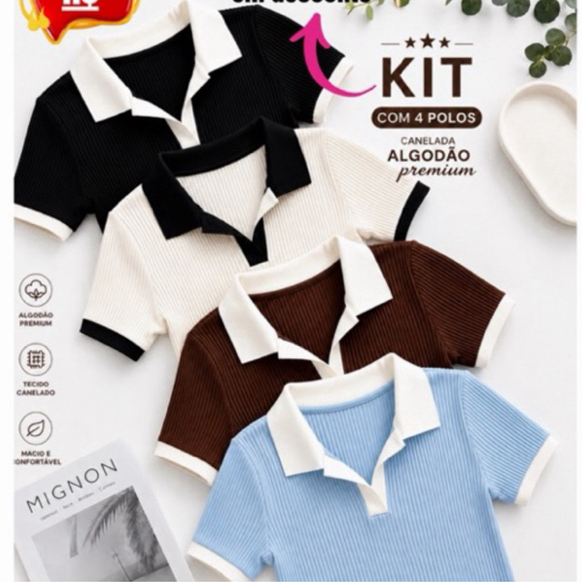 Kit Blusa Polo Feminina Canelada Algodão Premium Gola Bicolor Promoção Kit 2, 3 e 4 Peças
