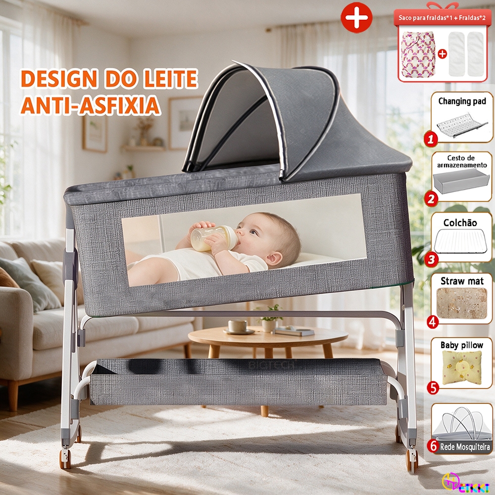 Berço Portátil Moises Co-bed Inclinável Com Balanço Mosquiteiro E Cesto Regulagem De Altura