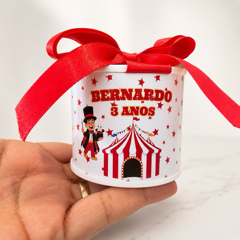 Kit Tubo Lata Personalizada Circo Menino Menina Infantil Lembrancinha Festa Aniversário Circo 5x6