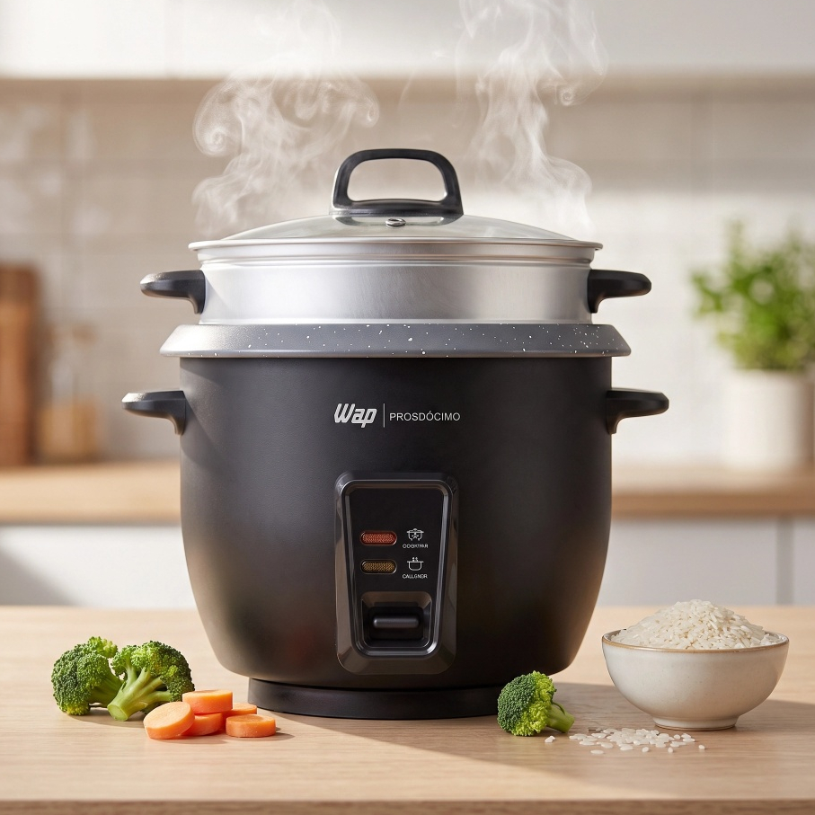 Panela de arroz elétrica Wap Prosdócimo WRC1000 preta com tampa de vidro, vaporizando, ao lado de brócolis, cenouras e uma tigela com arroz cru sobre uma mesa de madeira.