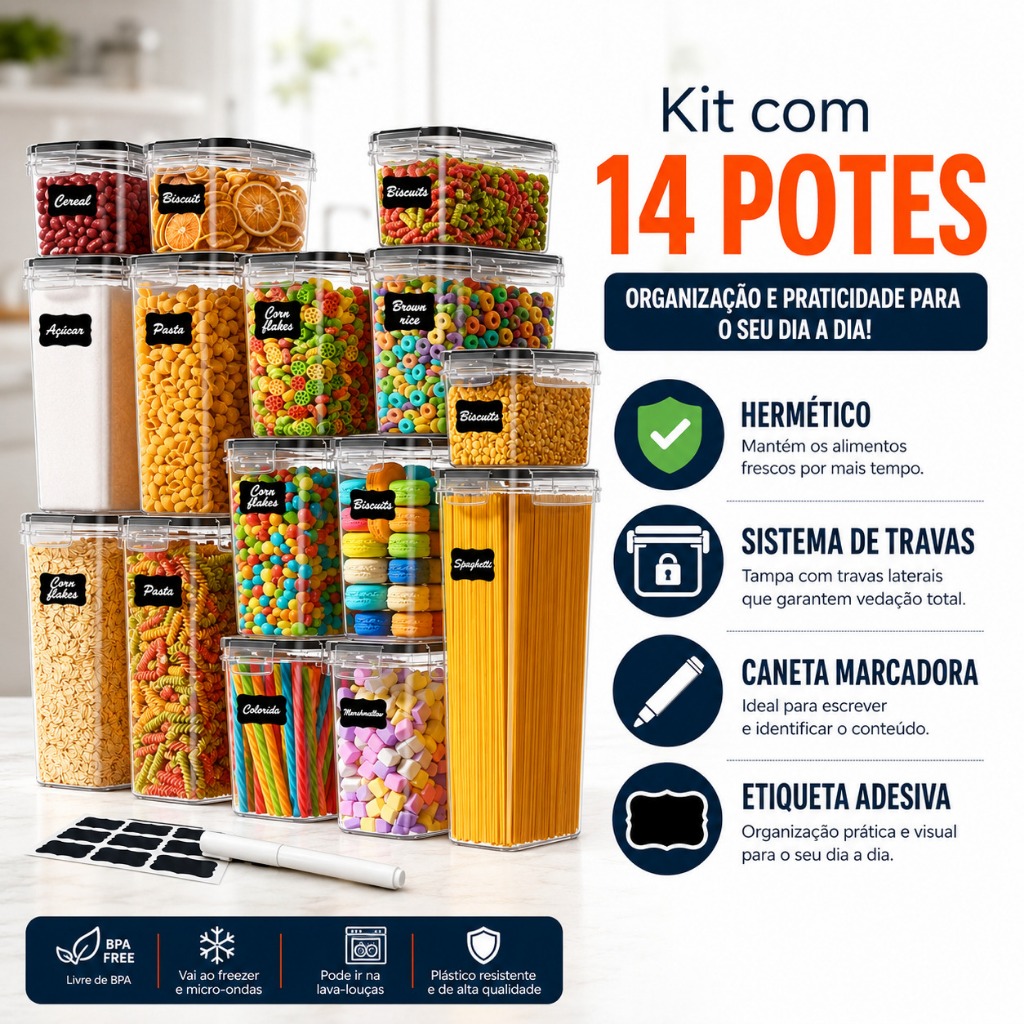 Kit 14 Potes Herméticos Empilháveis Quadrado Resistente Plástico Cozinha Dispensa Alimentos e Bebida