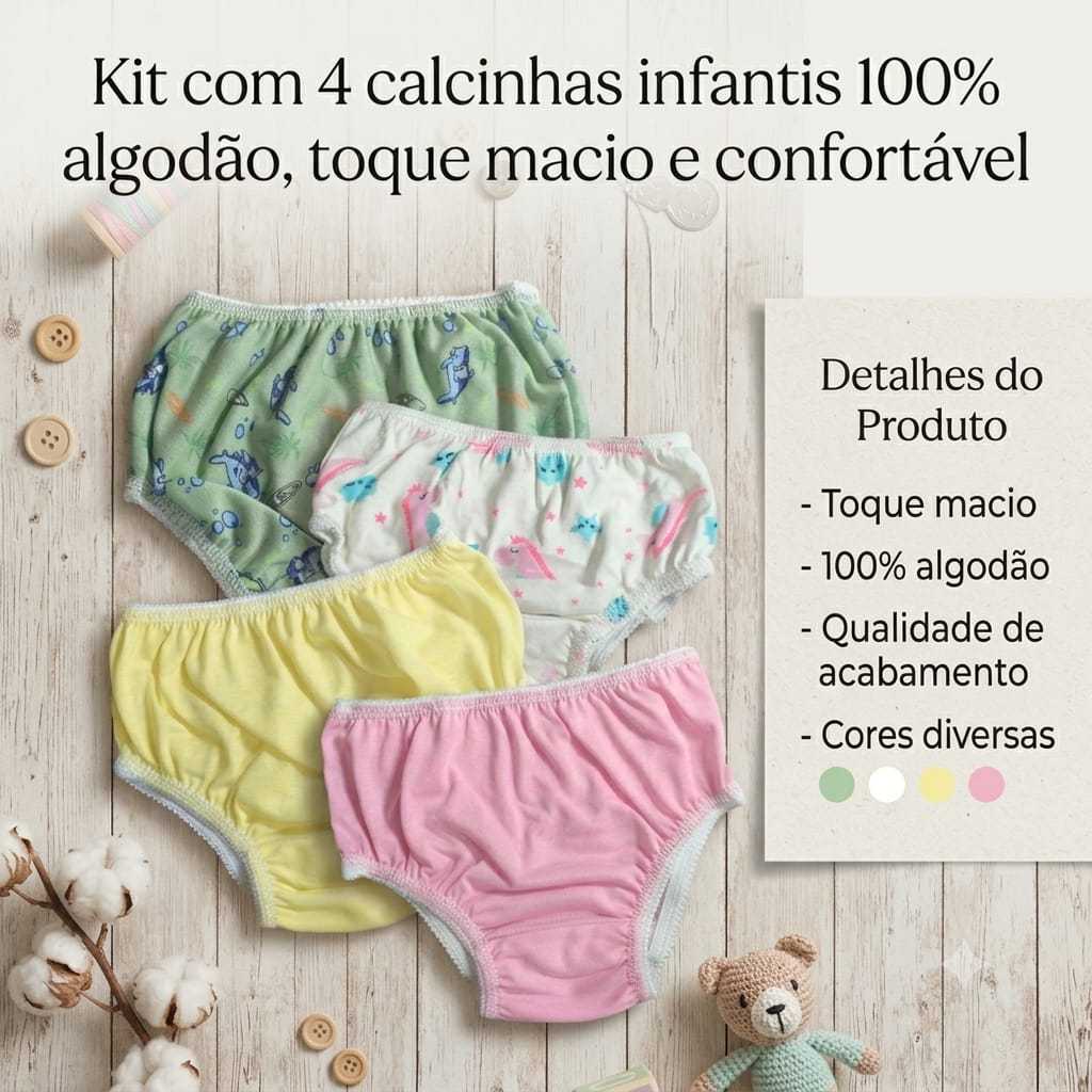 Kit com 4 calcinhas infantis 100% algodão estampas e cores variadas para crianças de 1 a 5 anos