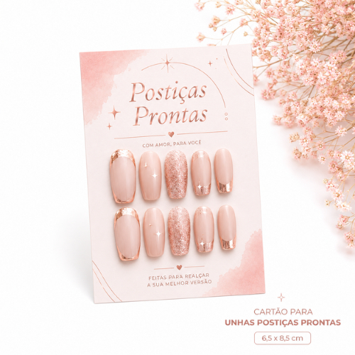 Cartão Personalizado para Unhas Postiças Prontas 6,5x8,5cm | Tag para Nail Designer - 50 Unidades